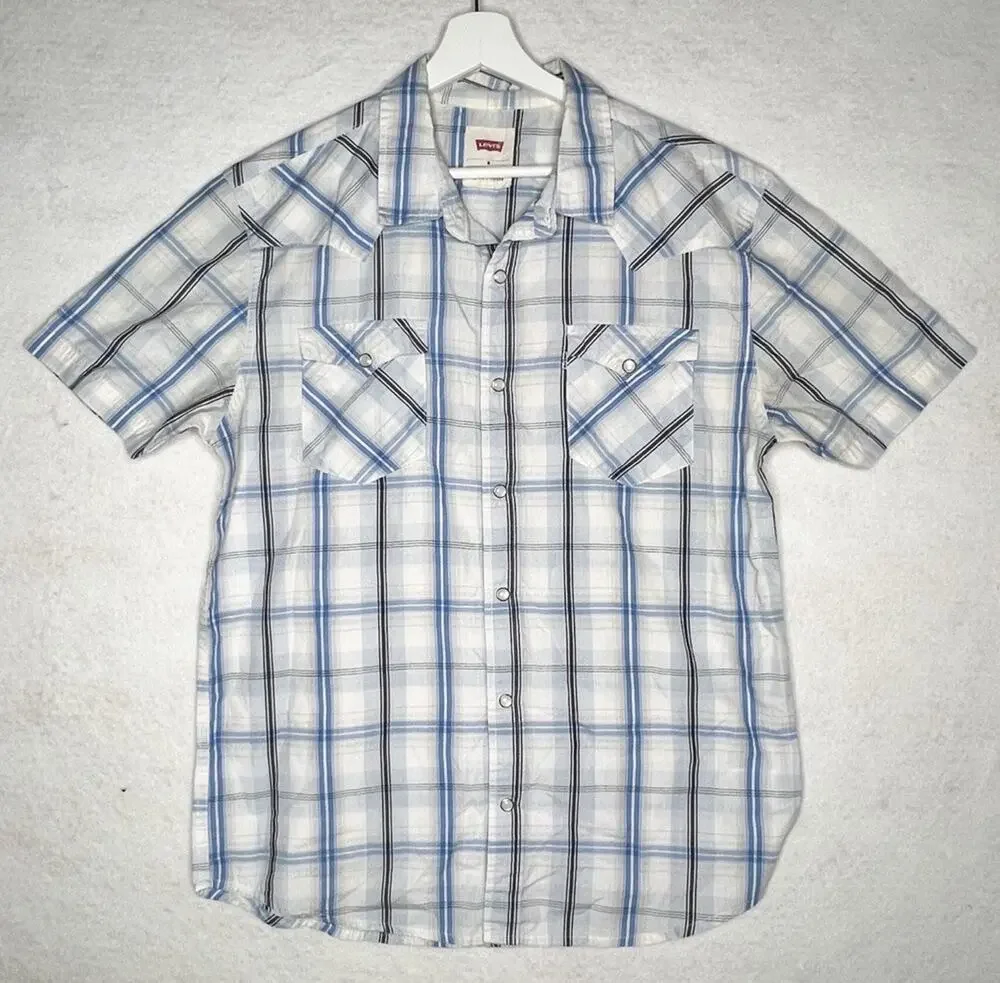 Levis Pearl Snap Plaid Short Sleeve Cotton Twill Shirt M Blue Black White